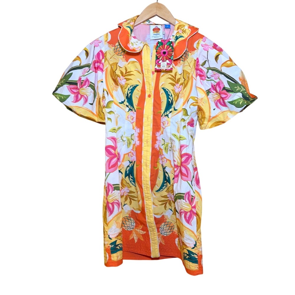 Farm Rio Talita Floral Puff Sleeve Mini Dress Orange Button Front XS NEW - Picture 5 of 14